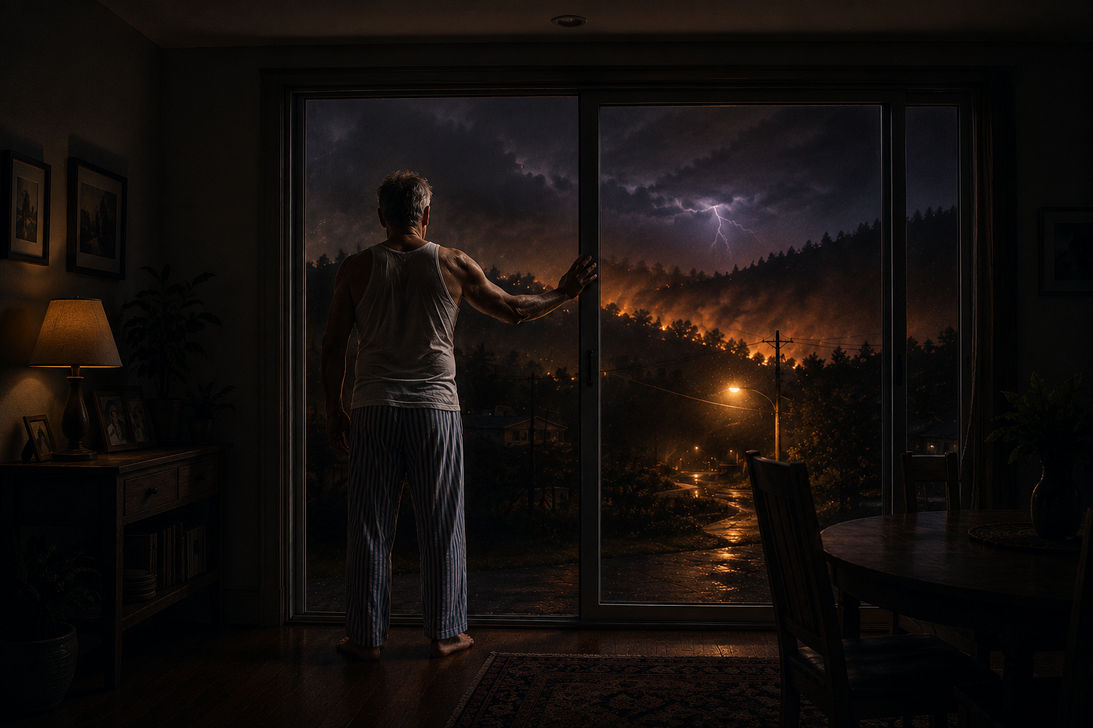 An older man in striped pajama bottoms and a white undershirt stands barefoot in a dark dining room, reaching toward a sliding glass door while haze and distant lightning hang outside.