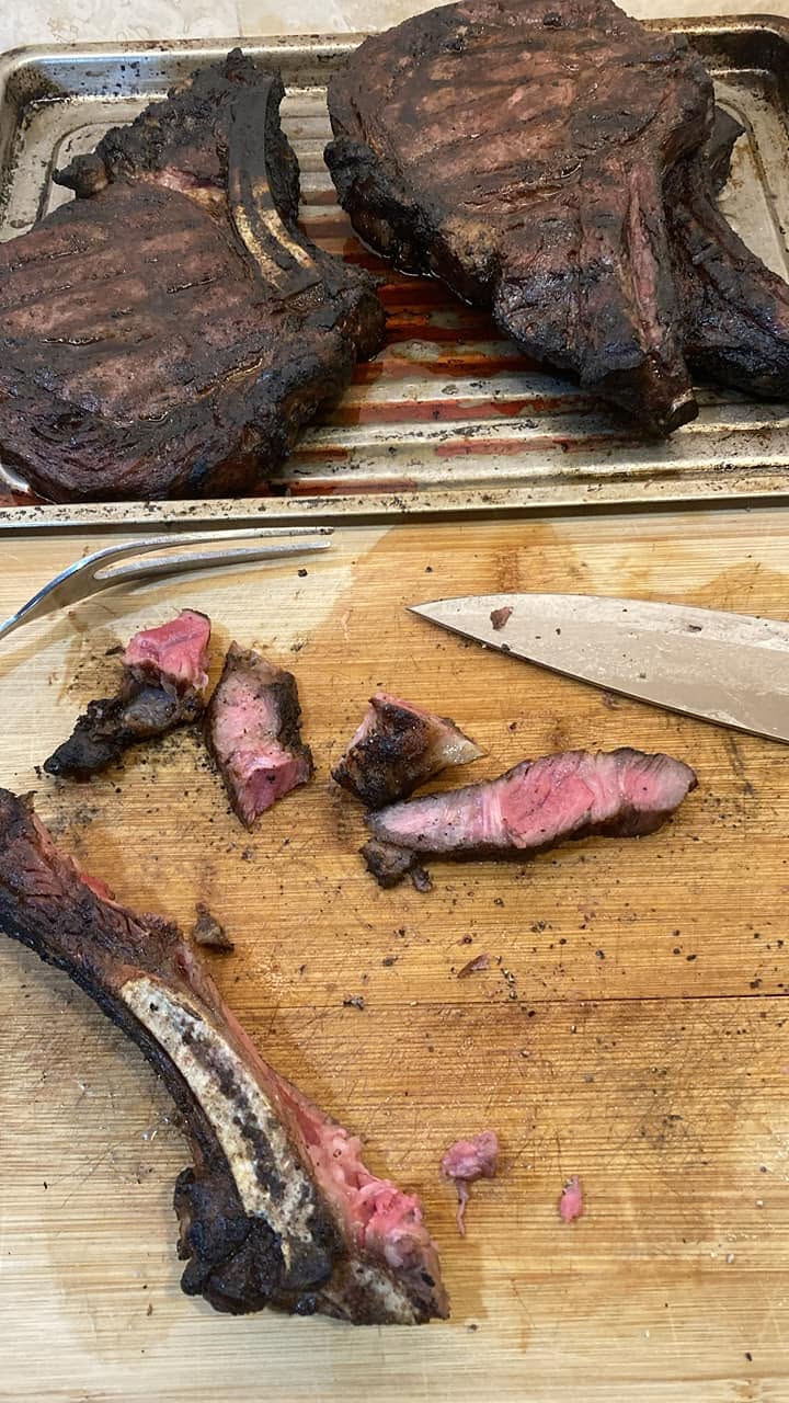 A llittle char a little pink a perfect cave man steak