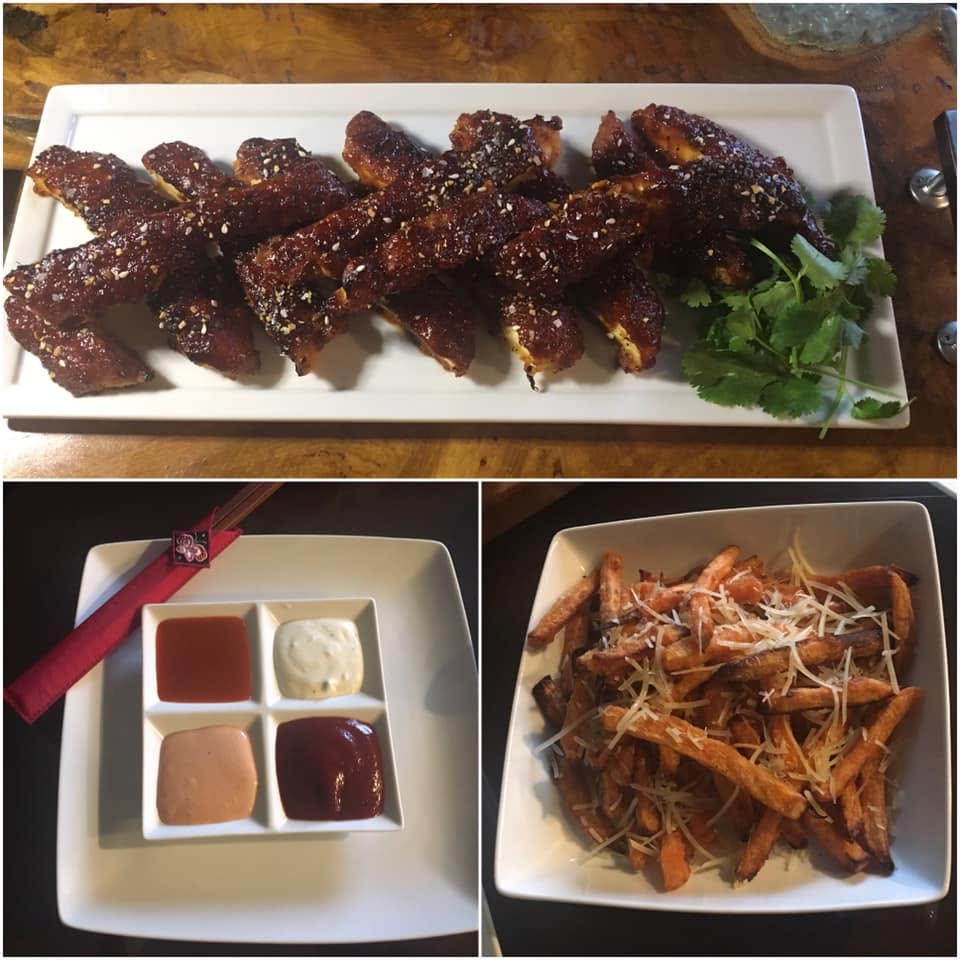 BBQ buffalo chicken strips with sweet potato fries and dipping sauces