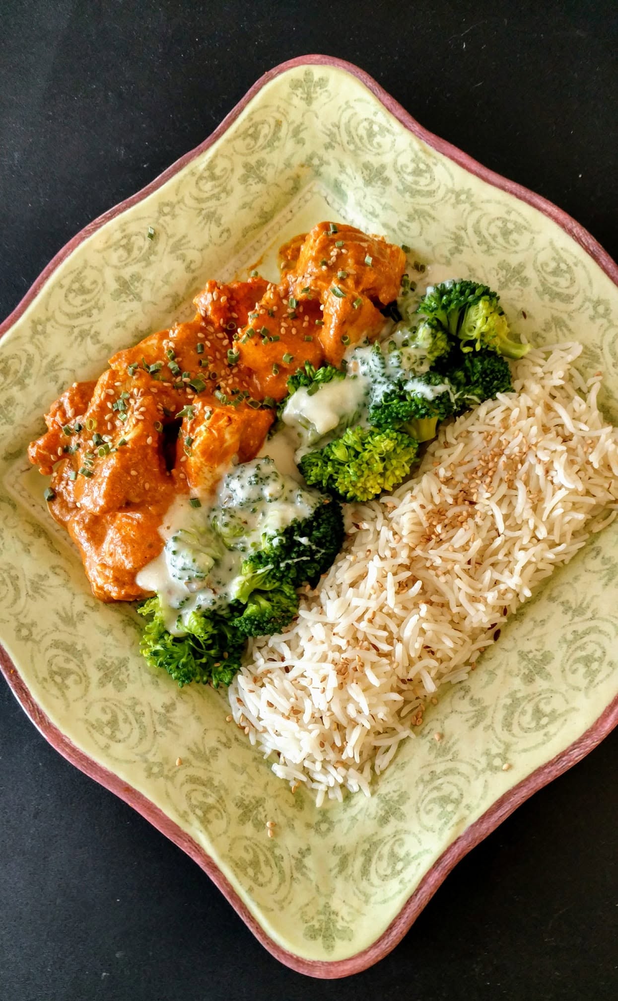 chicken marsala, broccoli with a yogurt goat cheese sauce and basmati long grain rice