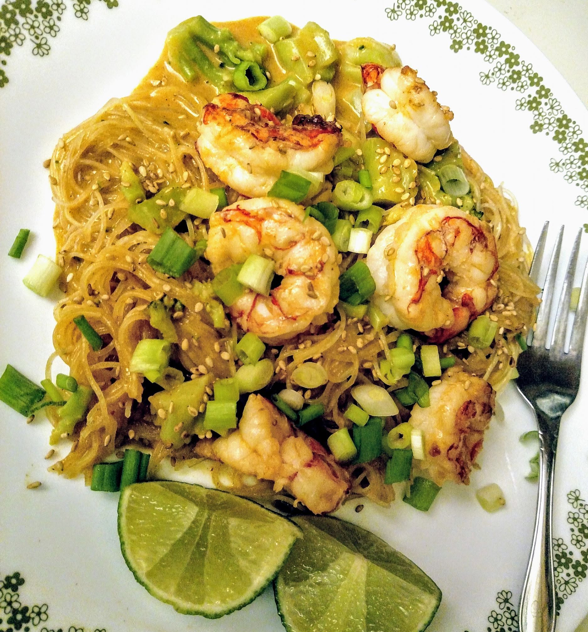 Coconut red curry and glass noodles with broccoli and shrimp