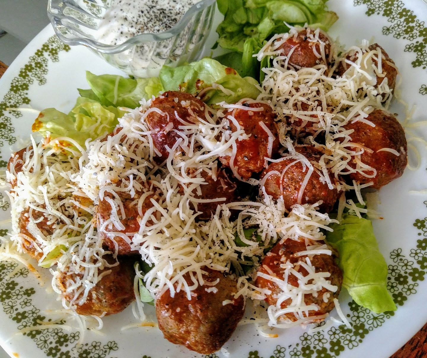 Made organic hormone free turkey meatballs with wing sauce topped with a natural raw cheese. I have a side of blue cheese dressing butter lettuce in place of pasta