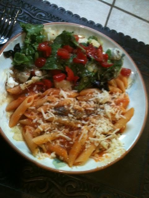 pasta diablo with salad