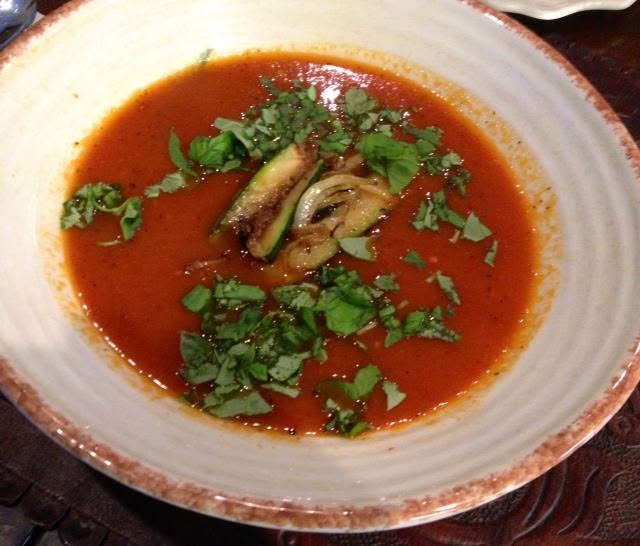 roasted red pepper soup with sautéed zucchini and fresh basil served with blackened corn and cheddar corn bread