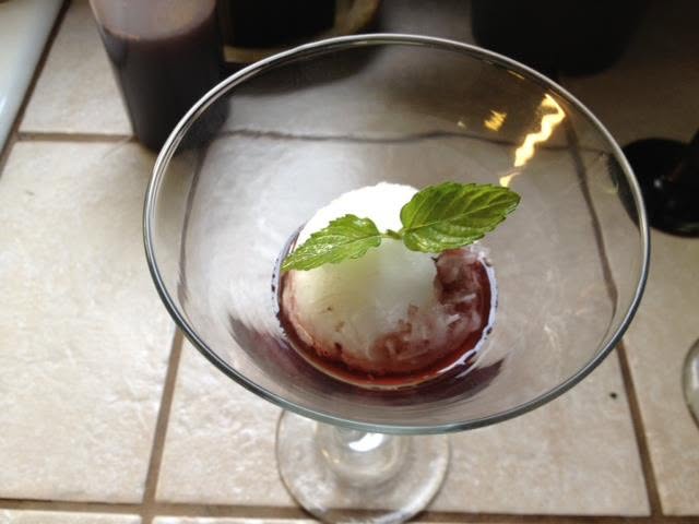 Rose water sorbet with a dark cherry and pomegranate reduction - from Iran