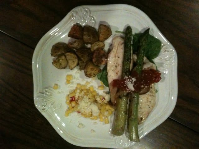 Rosemary fingerling potatoes  jalapeño cheese corn butter grilled tapia asparagus salsa