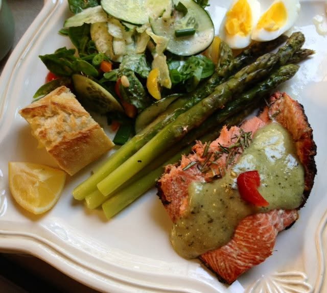 salmon with VOO basil drizzel