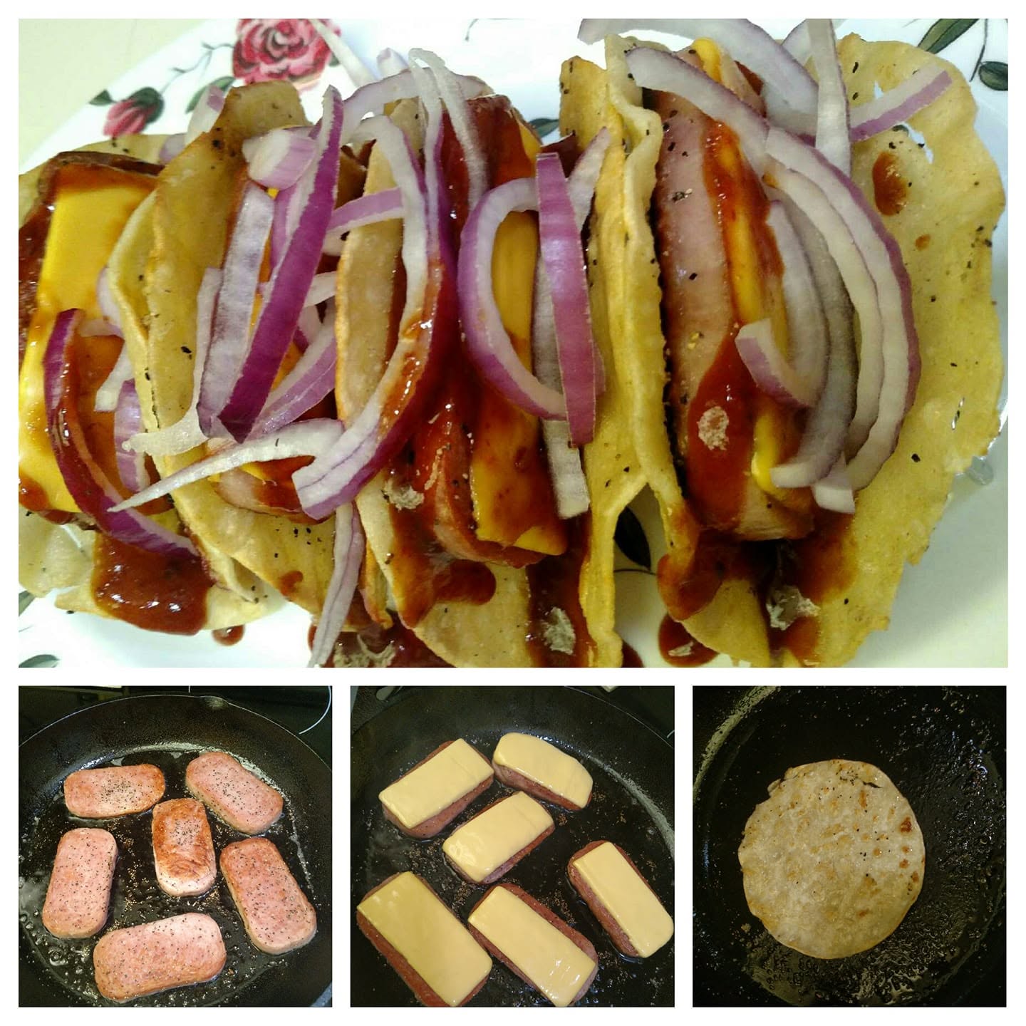 Spam tacos with cheddar cheese and sriracha BBQ sauce
