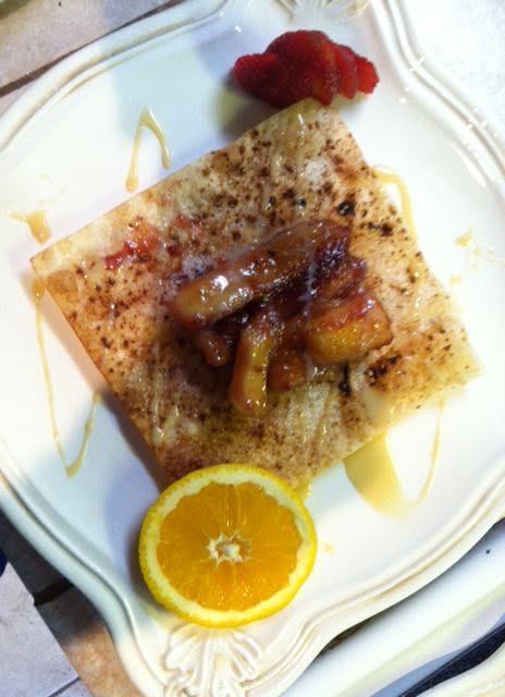 square cut tortilla fried - with bananas and strawberys