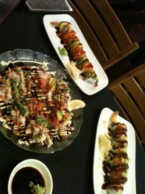 sushi rolls and a mixed tempura salad thing