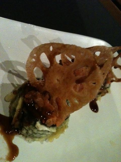 tempos crab cream cheese avocado and spicy tuna topped with a crispy lotus root Not worth the trouble