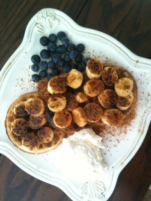 waffles glazed bananas fresh understand cream blueberries grand marnier maple syrup