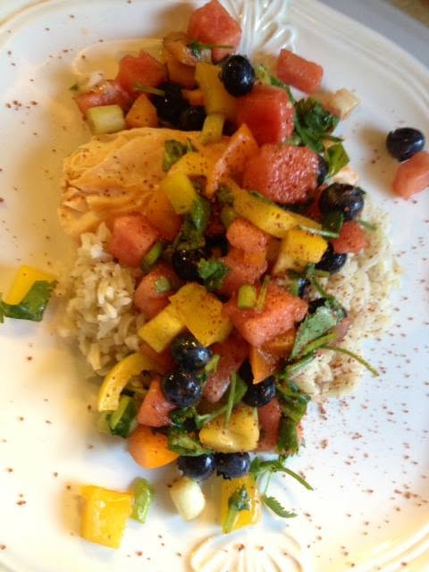 Watermelon, blueberry and peppers pico de gallo over grilled fresh wild salmon and brown rice