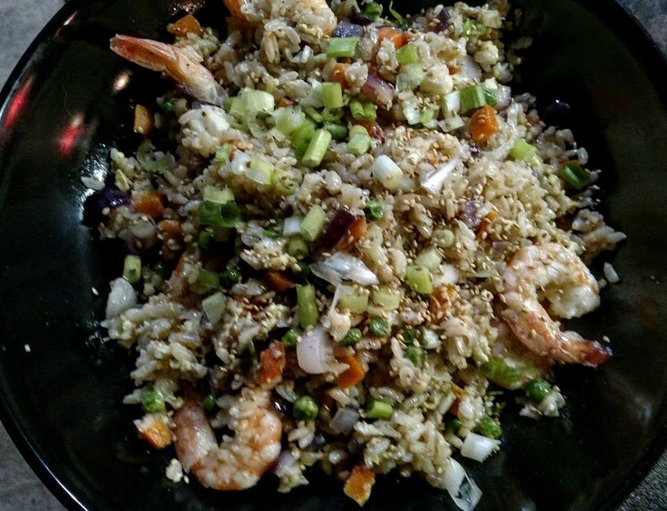 Fried rice with garlic encrusted prawns
