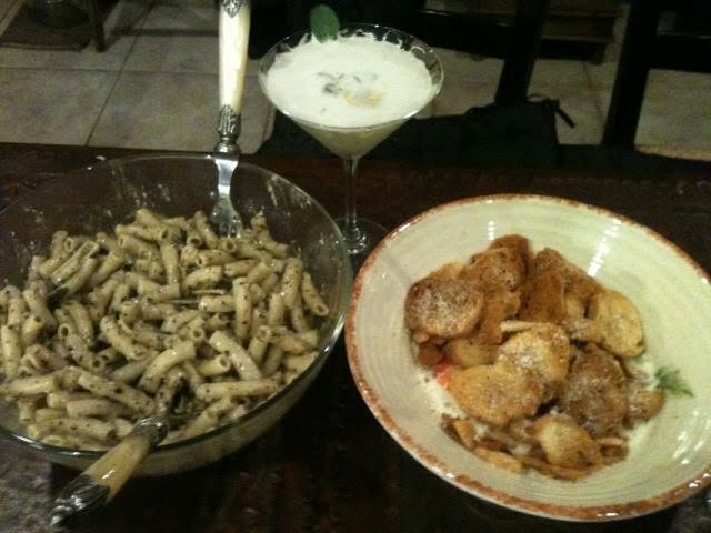 Pesto and crotons lady and tramp style, and a lemon pear martini