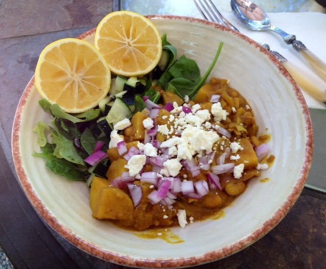 Potato & White Bean curry with feta and cucumber spinach salad
