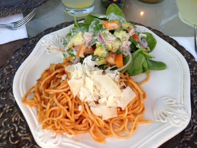 Spaghetti Fra Diavolo with salad