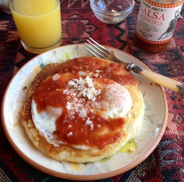 Three cheese blend, onion pancakes, topped with two eggs and salsa