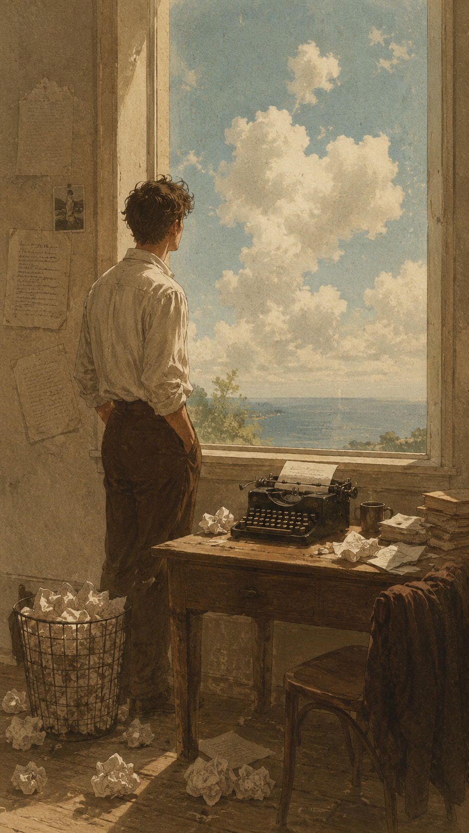 A young poet standing beside a desk and typewriter, looking out a window at clouds in the sky.